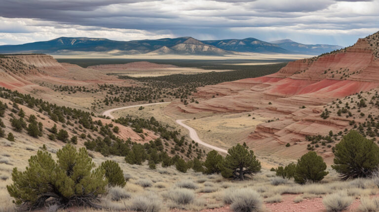 Red and buff sandstone mesas and a dry arroyo in the pinon-juniper foothill country of Las Animas County, with the Spanish Peaks behind