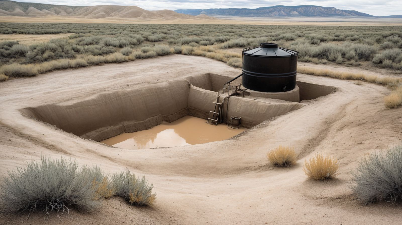 A black polyethylene water cistern lowered into an excavated pit on dry rural ground