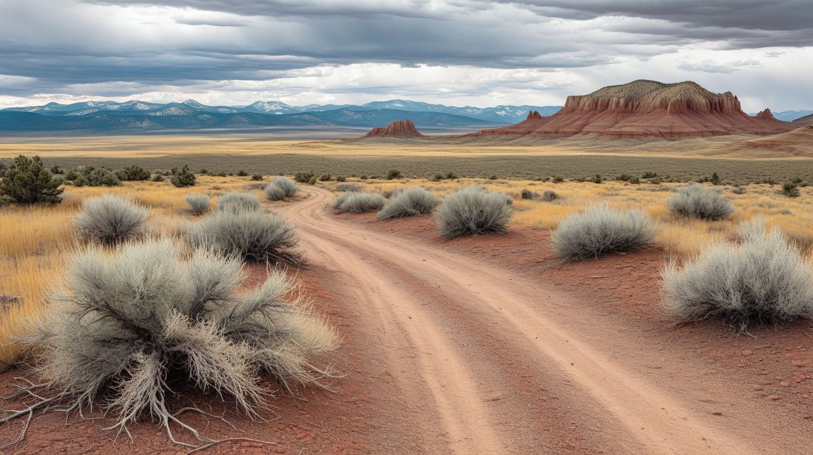 Open southern Colorado high desert with sagebrush, red rock and distant peaks under overcast sky