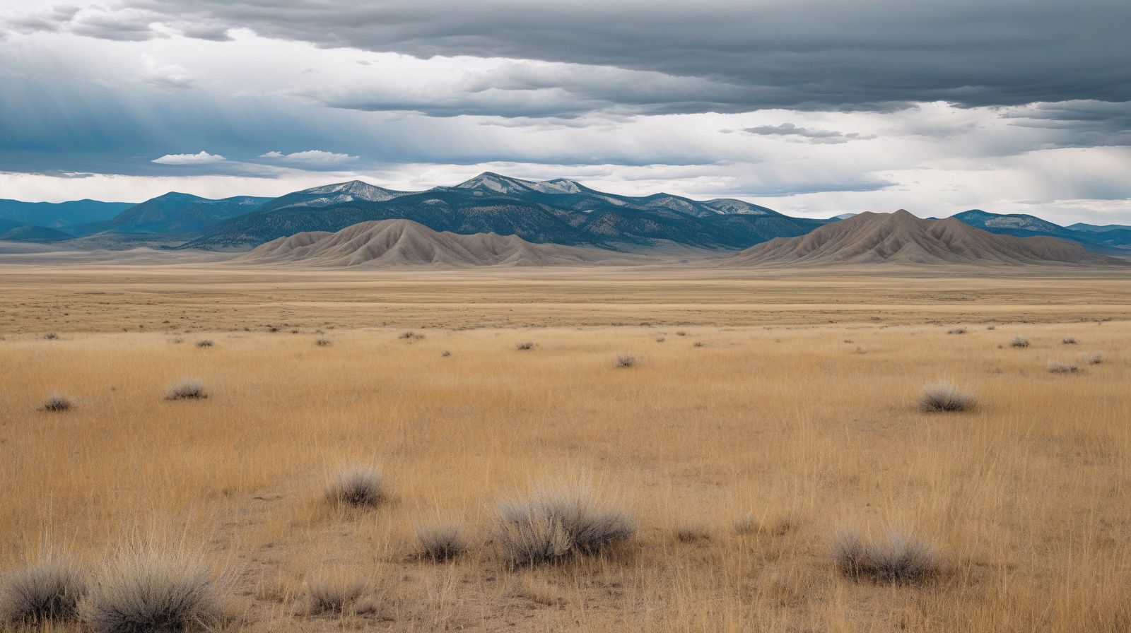 A mountain range rising above open high grassland in southern Colorado