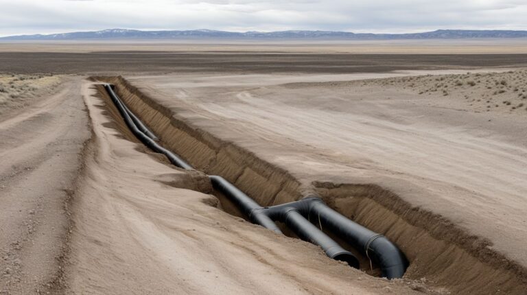 An open excavated trench with a black water line at the bottom crossing dry ground