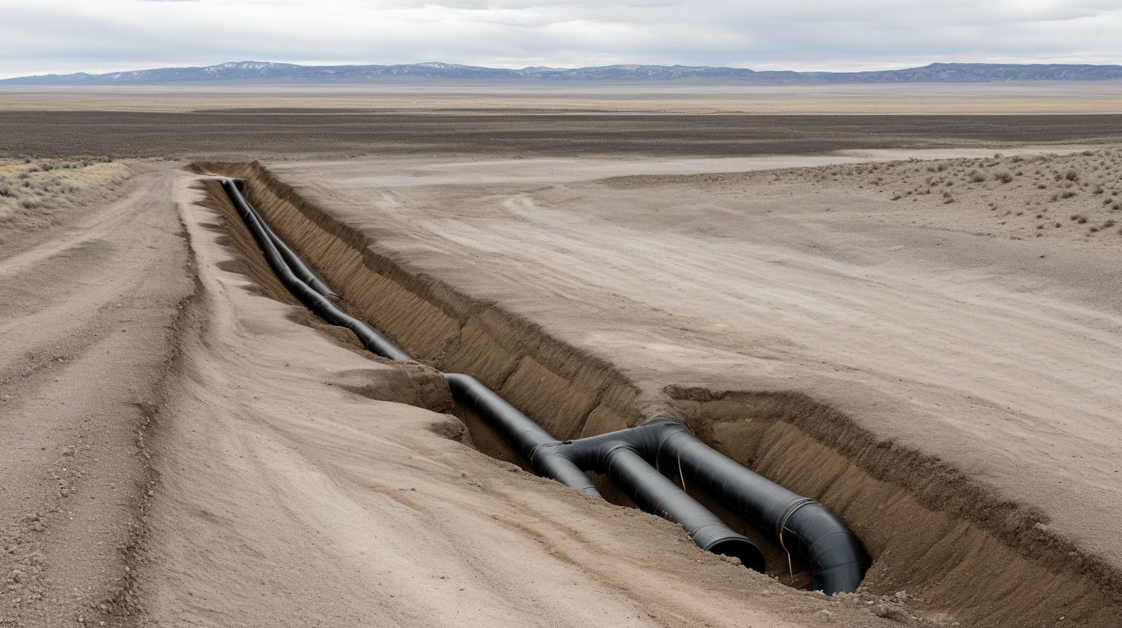 An open excavated trench with a black water line at the bottom crossing dry ground