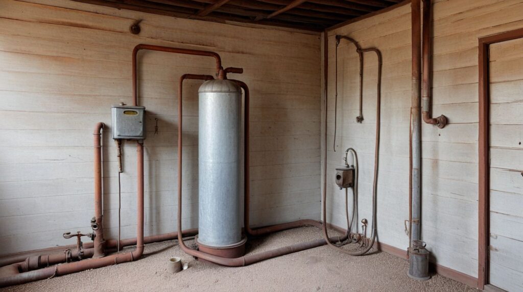 A galvanized pressure tank and copper plumbing inside a weathered rural pump house