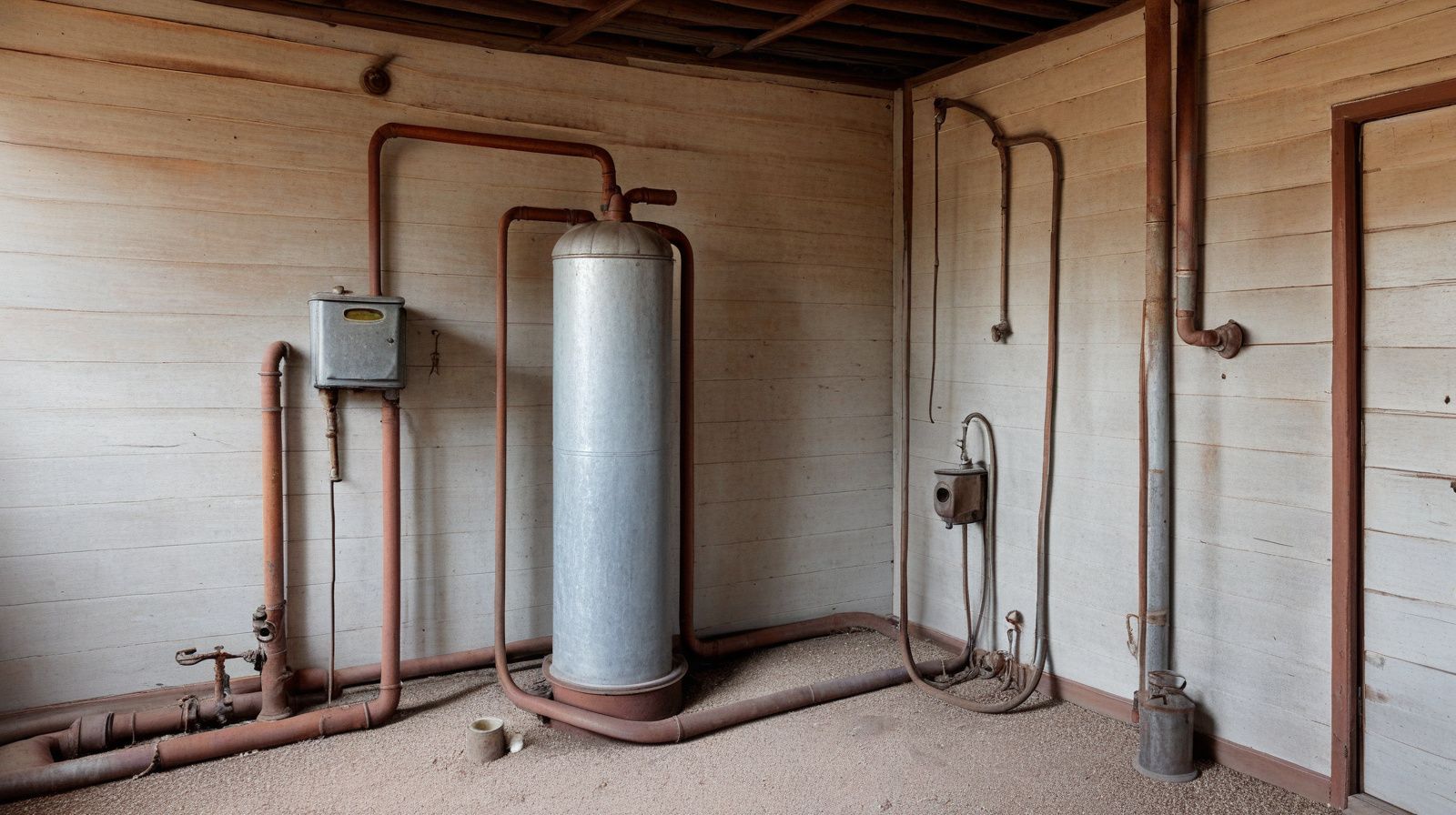 A galvanized pressure tank and copper plumbing inside a weathered rural pump house