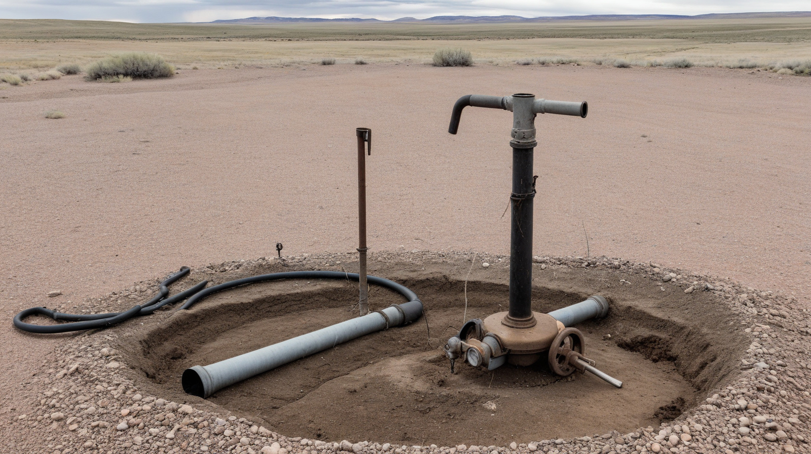 A steel well casing head and service valve on open high desert ground in southern Colorado, with drop pipe and line laid out on the dirt beside it