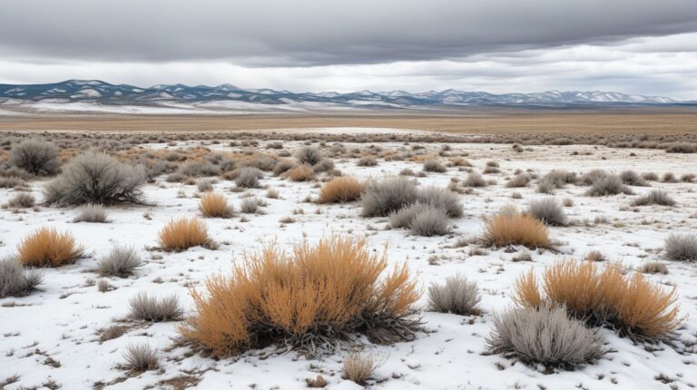 Frozen high desert ground with old snow and dry grass in winter