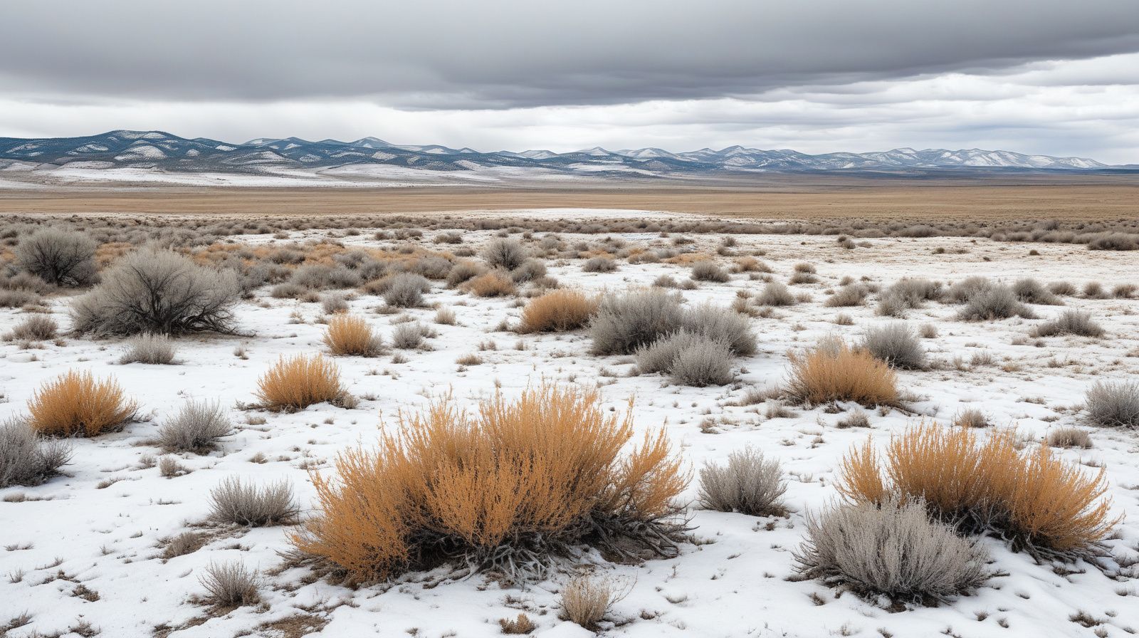 Frozen high desert ground with old snow and dry grass in winter